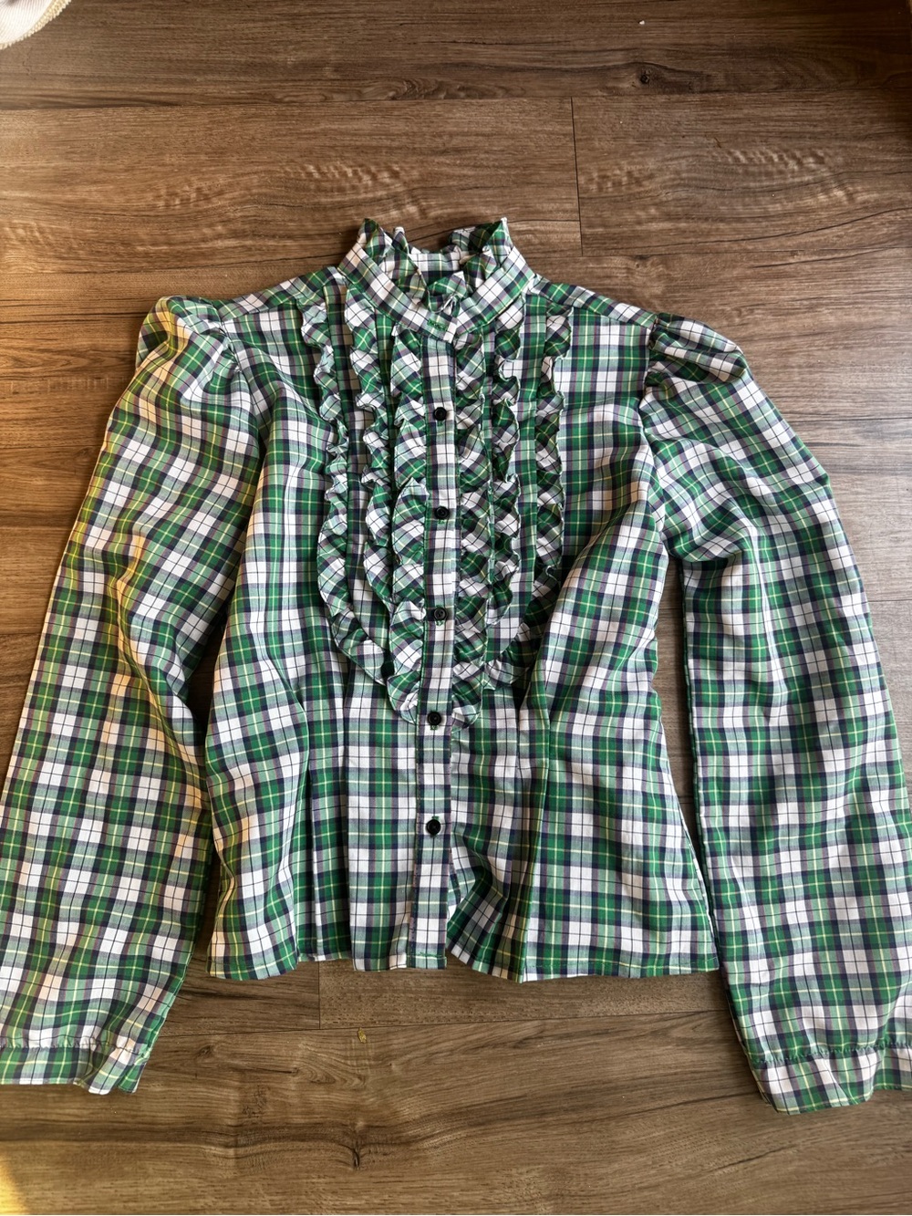 Vintage plaid blouse button up ruffle puff sleeve shirt women’s size small